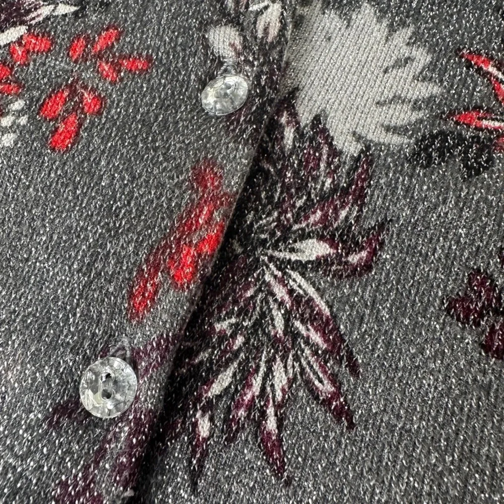 Charter Club Cardigan Women XL Grey Floral Metallic Shimmer Button Front Sweater